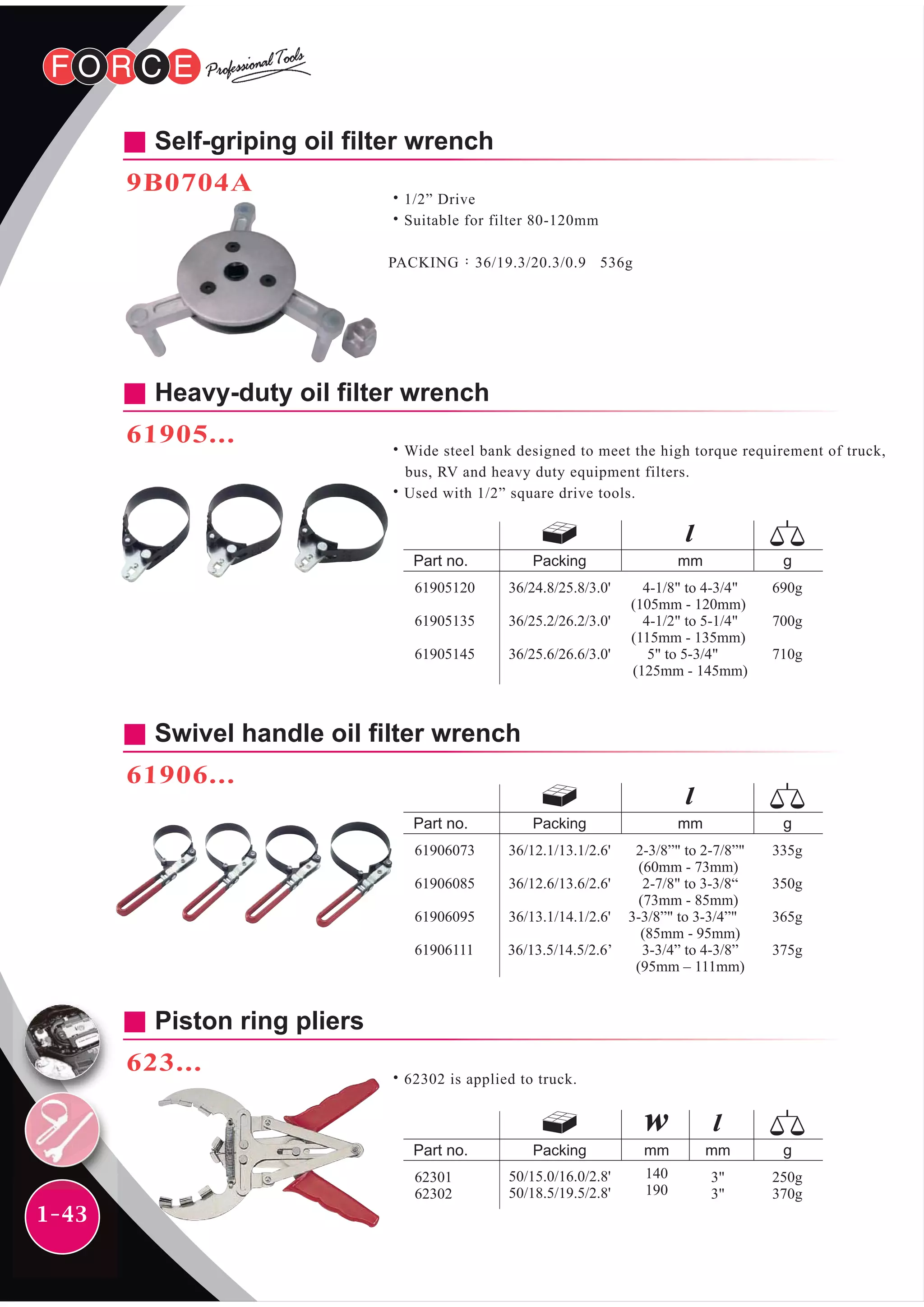1-43
Self-griping oil filter wrench
9B0704A
˙1/2” Drive
˙Suitable for filter 80-120mm
PACKING：36/19.3/20.3/0.9 536g
Heavy-duty oil filter wrench
61905...
˙Wide steel bank designed to meet the high torque requirement of truck,
bus, RV and heavy duty equipment filters.
˙Used with 1/2” square drive tools.
mmPacking
36/24.8/25.8/3.0'
36/25.2/26.2/3.0'
36/25.6/26.6/3.0'
4-1/8" to 4-3/4"
(105mm - 120mm)
4-1/2" to 5-1/4"
(115mm - 135mm)
5" to 5-3/4"
(125mm - 145mm)
690g
700g
710g
61905120
61905135
61905145
Swivel handle oil filter wrench
61906...
mmPacking
36/12.1/13.1/2.6'
36/12.6/13.6/2.6'
36/13.1/14.1/2.6'
36/13.5/14.5/2.6’
2-3/8”" to 2-7/8”"
(60mm - 73mm)
2-7/8" to 3-3/8“
(73mm - 85mm)
3-3/8”" to 3-3/4”"
(85mm - 95mm)
3-3/4” to 4-3/8”
(95mm – 111mm)
335g
350g
365g
375g
61906073
61906085
61906095
61906111
Piston ring pliers
623...
mmmmPacking
50/15.0/16.0/2.8'
50/18.5/19.5/2.8'
3"
3"
140
190
250g
370g
62301
62302
˙62302 is applied to truck.
 