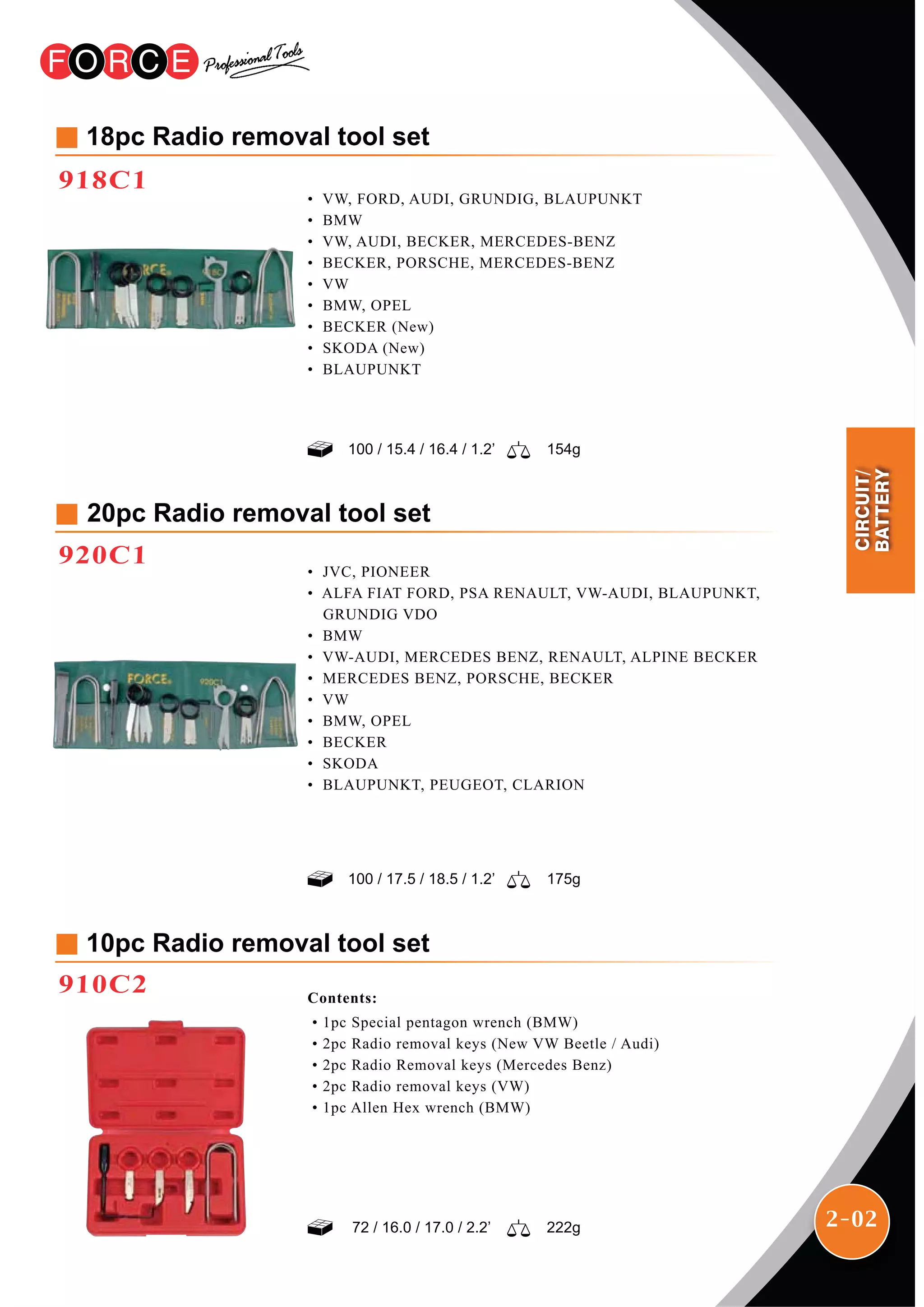 2-02
20pc Radio removal tool set
920C1
• JVC, PIONEER
• ALFA FIAT FORD, PSA RENAULT, VW-AUDI, BLAUPUNKT,
GRUNDIG VDO
• BMW
• VW-AUDI, MERCEDES BENZ, RENAULT, ALPINE BECKER
• MERCEDES BENZ, PORSCHE, BECKER
• VW
• BMW, OPEL
• BECKER
• SKODA
• BLAUPUNKT, PEUGEOT, CLARION
18pc Radio removal tool set
918C1
• VW, FORD, AUDI, GRUNDIG, BLAUPUNKT
• BMW
• VW, AUDI, BECKER, MERCEDES-BENZ
• BECKER, PORSCHE, MERCEDES-BENZ
• VW
• BMW, OPEL
• BECKER (New)
• SKODA (New)
• BLAUPUNKT
100 / 15.4 / 16.4 / 1.2’ 154g
100 / 17.5 / 18.5 / 1.2’ 175g
72 / 16.0 / 17.0 / 2.2’ 222g
10pc Radio removal tool set
910C2 Contents:
• 1pc Special pentagon wrench (BMW)
• 2pc Radio removal keys (New VW Beetle / Audi)
• 2pc Radio Removal keys (Mercedes Benz)
• 2pc Radio removal keys (VW)
• 1pc Allen Hex wrench (BMW)
CIRCUIT/
BATTERY
 