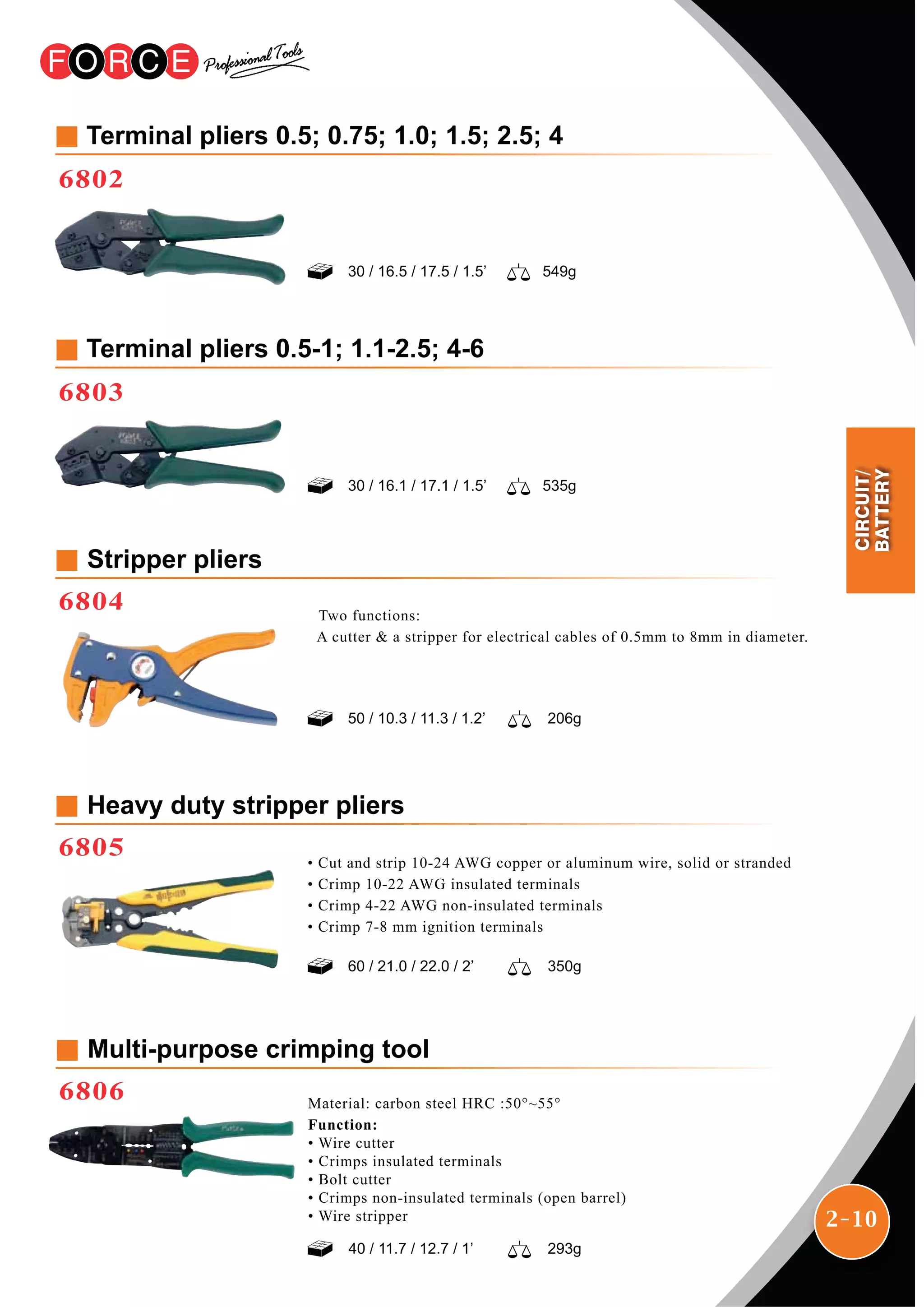 2-10
Terminal pliers 0.5; 0.75; 1.0; 1.5; 2.5; 4
6802
30 / 16.5 / 17.5 / 1.5’ 549g
Terminal pliers 0.5-1; 1.1-2.5; 4-6
6803
30 / 16.1 / 17.1 / 1.5’ 535g
Stripper pliers
6804
Heavy duty stripper pliers
6805
206g50 / 10.3 / 11.3 / 1.2’
350g60 / 21.0 / 22.0 / 2’
293g40 / 11.7 / 12.7 / 1’
• Cut and strip 10-24 AWG copper or aluminum wire, solid or stranded
• Crimp 10-22 AWG insulated terminals
• Crimp 4-22 AWG non-insulated terminals
• Crimp 7-8 mm ignition terminals
Multi-purpose crimping tool
6806
Two functions:
A cutter & a stripper for electrical cables of 0.5mm to 8mm in diameter.
Material: carbon steel HRC :50°~55°
Function:
• Wire cutter
• Crimps insulated terminals
• Bolt cutter
• Crimps non-insulated terminals (open barrel)
• Wire stripper
CIRCUIT/
BATTERY
 