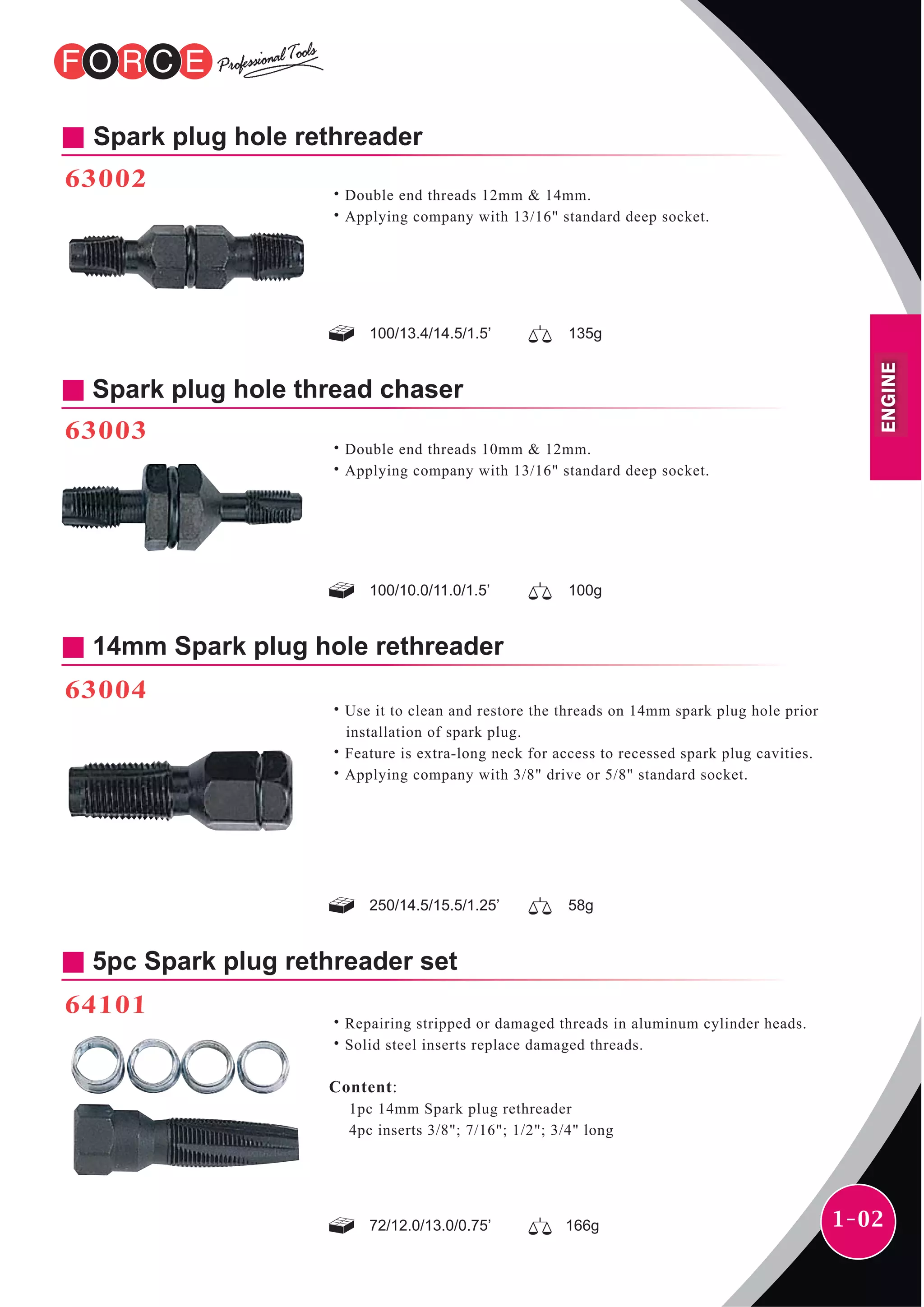 1-02
ENGINE
Spark plug hole rethreader
63002
˙Double end threads 12mm & 14mm.
˙Applying company with 13/16" standard deep socket.
100/13.4/14.5/1.5’ 135g
Spark plug hole thread chaser
63003
˙Double end threads 10mm & 12mm.
˙Applying company with 13/16" standard deep socket.
100/10.0/11.0/1.5’ 100g
˙Use it to clean and restore the threads on 14mm spark plug hole prior
installation of spark plug.
˙Feature is extra-long neck for access to recessed spark plug cavities.
˙Applying company with 3/8" drive or 5/8" standard socket.
14mm Spark plug hole rethreader
63004
250/14.5/15.5/1.25’ 58g
5pc Spark plug rethreader set
64101
˙Repairing stripped or damaged threads in aluminum cylinder heads.
˙Solid steel inserts replace damaged threads.
Content:
1pc 14mm Spark plug rethreader
4pc inserts 3/8"; 7/16"; 1/2"; 3/4" long
72/12.0/13.0/0.75’ 166g
 
