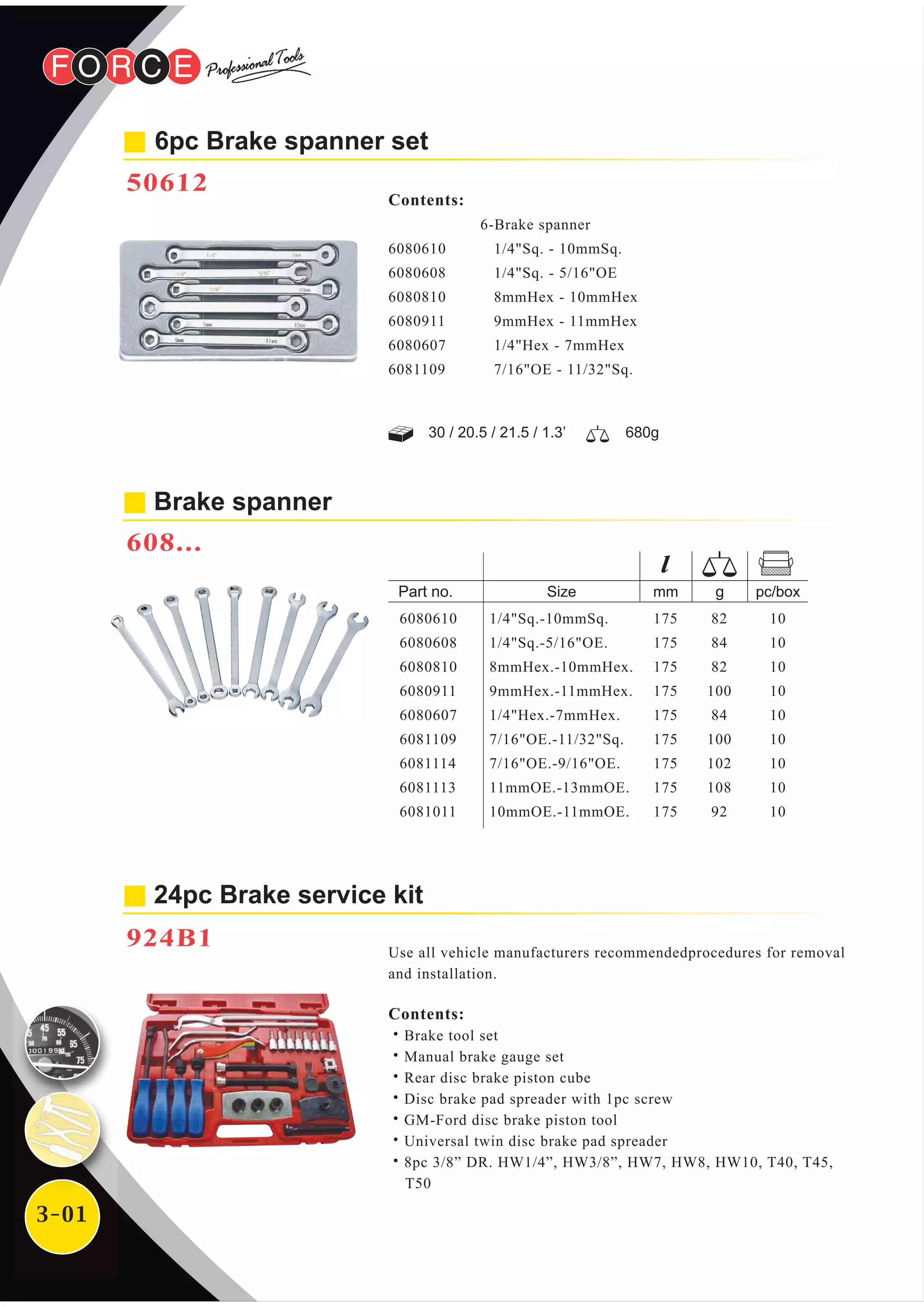 3-01
24pc Brake service kit
924B1
6pc Brake spanner set
50612
Brake spanner
608...
30 / 20.5 / 21.5 / 1.3’ 680g
6-Brake spanner
1/4"Sq. - 10mmSq.
1/4"Sq. - 5/16"OE
8mmHex - 10mmHex
9mmHex - 11mmHex
1/4"Hex - 7mmHex
7/16"OE - 11/32"Sq.
Contents:
6080610
6080608
6080810
6080911
6080607
6081109
Use all vehicle manufacturers recommendedprocedures for removal
and installation.
Contents:
˙Brake tool set
˙Manual brake gauge set
˙Rear disc brake piston cube
˙Disc brake pad spreader with 1pc screw
˙GM-Ford disc brake piston tool
˙Universal twin disc brake pad spreader
˙8pc 3/8” DR. HW1/4”, HW3/8”, HW7, HW8, HW10, T40, T45,
T50
10
10
10
10
10
10
10
10
10
mm pc/boxSize
1/4"Sq.-10mmSq.
1/4"Sq.-5/16"OE.
8mmHex.-10mmHex.
9mmHex.-11mmHex.
1/4"Hex.-7mmHex.
7/16"OE.-11/32"Sq.
7/16"OE.-9/16"OE.
11mmOE.-13mmOE.
10mmOE.-11mmOE.
175
175
175
175
175
175
175
175
175
82
84
82
100
84
100
102
108
92
6080610
6080608
6080810
6080911
6080607
6081109
6081114
6081113
6081011
 
