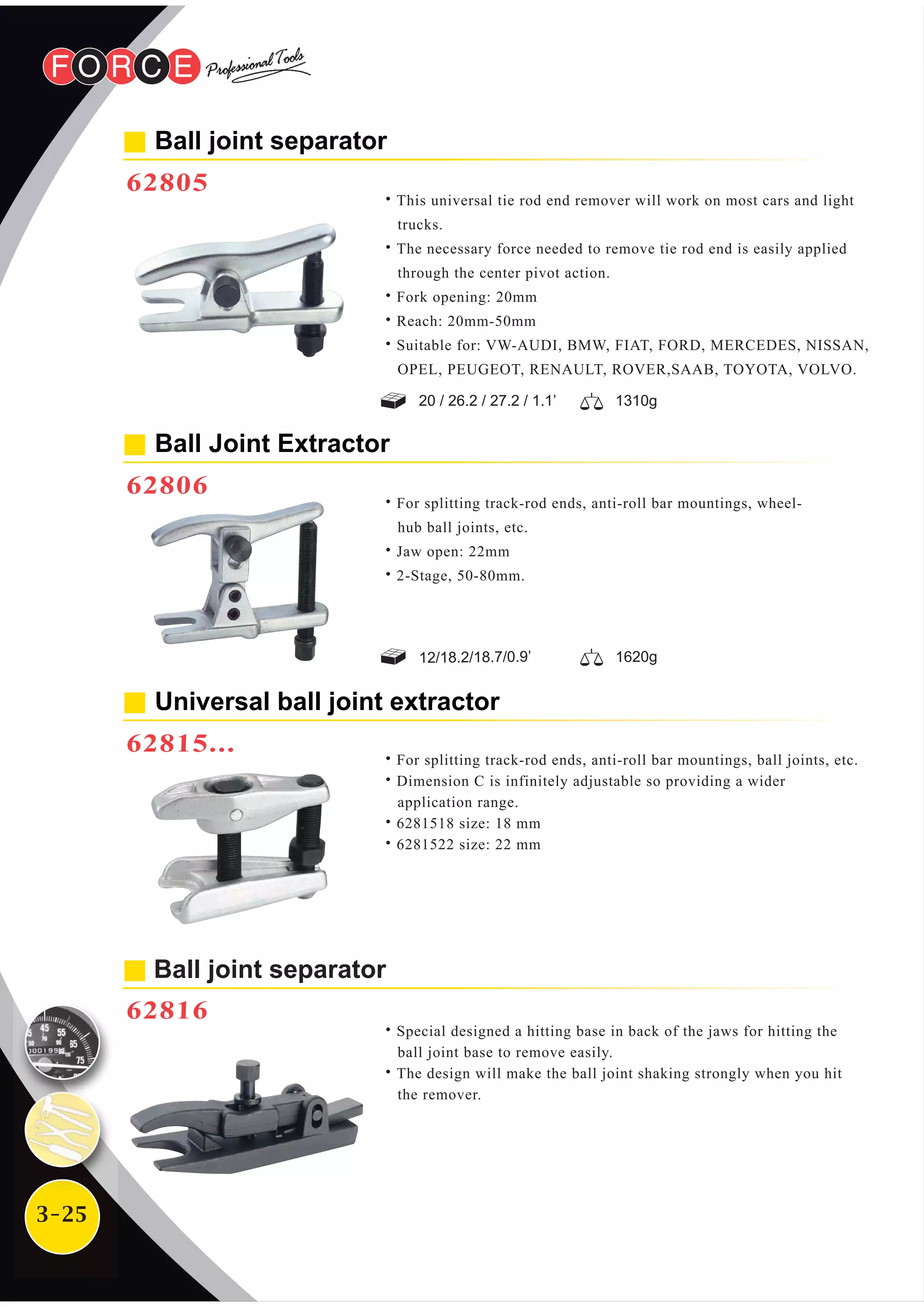 3-25
Universal ball joint extractor
62815...
˙For splitting track-rod ends, anti-roll bar mountings, ball joints, etc.
˙Dimension C is infinitely adjustable so providing a wider
application range.
˙6281518 size: 18 mm
˙6281522 size: 22 mm
Ball Joint Extractor
62806
˙For splitting track-rod ends, anti-roll bar mountings, wheel-
hub ball joints, etc.
˙Jaw open: 22mm
˙2-Stage, 50-80mm.
12/18.2/18.7/0.9’ 1620g
Ball joint separator
62816
˙Special designed a hitting base in back of the jaws for hitting the
ball joint base to remove easily.
˙The design will make the ball joint shaking strongly when you hit
the remover.
Ball joint separator
62805
˙This universal tie rod end remover will work on most cars and light
trucks.
˙The necessary force needed to remove tie rod end is easily applied
through the center pivot action.
˙Fork opening: 20mm
˙Reach: 20mm-50mm
˙Suitable for: VW-AUDI, BMW, FIAT, FORD, MERCEDES, NISSAN,
OPEL, PEUGEOT, RENAULT, ROVER,SAAB, TOYOTA, VOLVO.
20 / 26.2 / 27.2 / 1.1’ 1310g
 