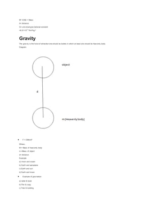 M1 & M2 = Mass
d= distance
G= univ ersal grav itational constant
=6.61×10¯¹¹Nm²kg-²
Gravity
The grav ity is the f orce of attraction one should be bodies in which at least one should be heav enly body .
Diagram:
 F = GMm⁄d²
Where ,
M = Mass of heav enly body
m =Mass of object
d= distance
Example
a) moon and ocean
b) Earth and aeroplane
c) Earth and sun
d) Earth and moon
 Example of grav itation
a) table & book
b) Pen & copy
c) Tree & building
 