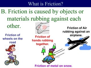 B. Friction is caused by objects or
materials rubbing against each
other.
What is Friction?
Friction of Air
rubbing against an
airplane.Friction of
wheels on the
road
Friction of metal on snow.
Friction of
hands rubbing
together.
 