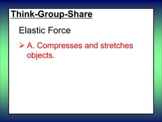 Think-Group-Share
Elastic Force
 A. Compresses and stretches
objects.
B. makes objects fall down.
 C. slows the motion of objects.
 D. makes objects float.
 