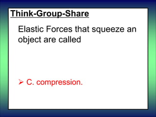 Think-Group-Share
Elastic Forces that squeeze an
object are called
 A. friction
 B. tension.
 C. compression.
 D. gravity.
 