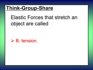 Think-Group-Share
Elastic Forces that stretch an
object are called
 A. friction
 B. tension.
 C. compression.
 D. gravity.
 