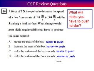 CST Review Questions
What will
make you
have to push
harder?
easier to push
harder to push
easier to push
easier to push
 
