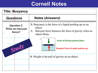 Cornell Notes
Title: Buoyancy
Questions Notes (Answers)
II. Buoyancy is the force of a liquid pushing up on an
object.
A. Buoyant force balances the force of gravity when an
object floats.
Question 2:
What are buoyant
forces?
Buoyant Force of water pushes up.
Force of Gravity pushes down.
B. Weight is the pull of gravity on an object.
 