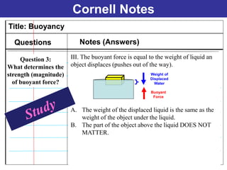 Cornell Notes
Title: Buoyancy
Questions Notes (Answers)
Question 3:
What determines the
strength (magnitude)
of buoyant force?
III. The buoyant force is equal to the weight of liquid an
object displaces (pushes out of the way).
A. The weight of the displaced liquid is the same as the
weight of the object under the liquid.
B. The part of the object above the liquid DOES NOT
MATTER.
Buoyant
Force
Weight of
Displaced
Water
 