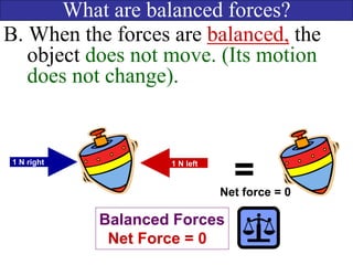 What are balanced forces?
B. When the forces are balanced, the
object does not move. (Its motion
does not change).
Balanced Forces
Net Force = 0
=1 N right 1 N left
Net force = 0
 
