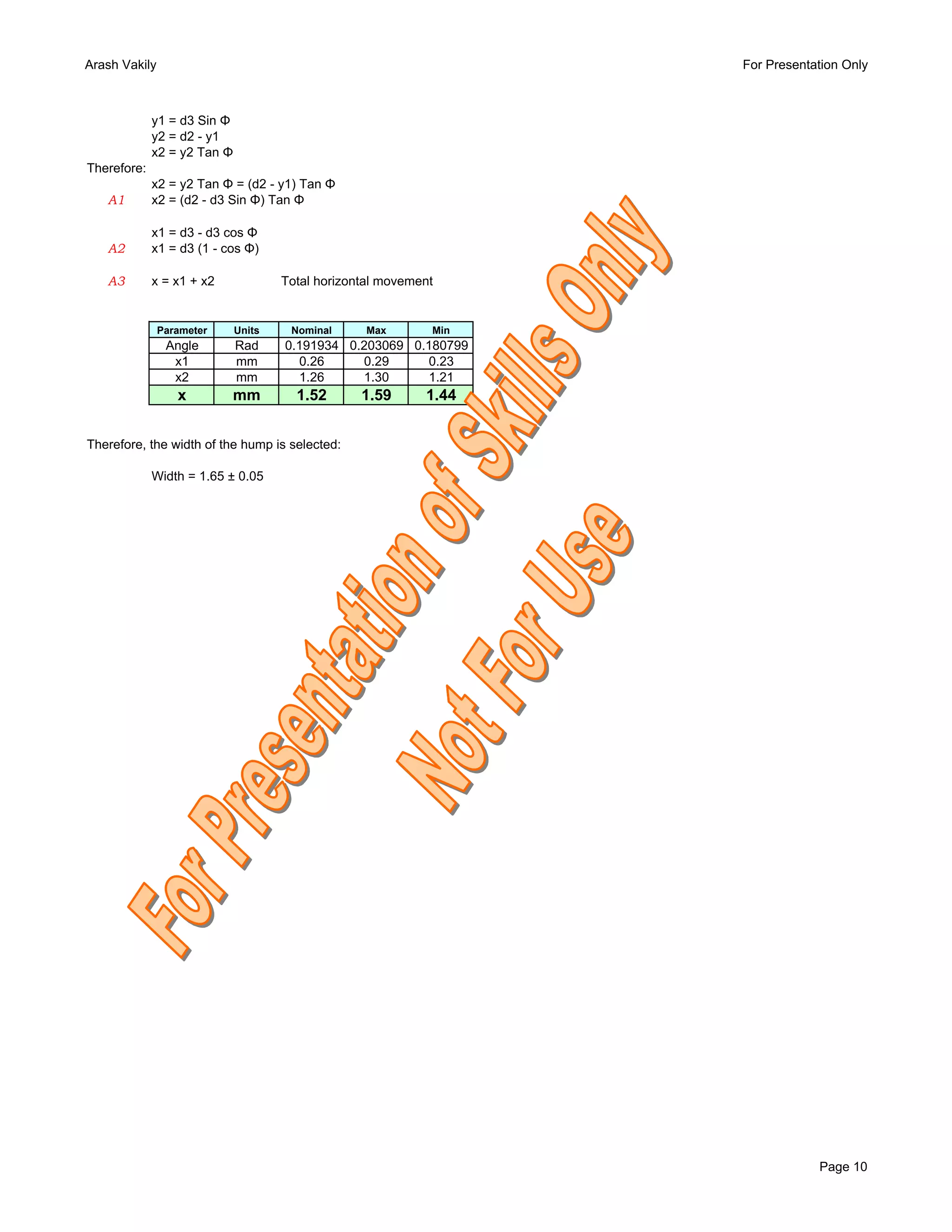 Arash Vakily                                                       For Presentation Only



             y1 = d3 Sin Φ
             y2 = d2 - y1
             x2 = y2 Tan Φ
Therefore:
             x2 = y2 Tan Φ = (d2 - y1) Tan Φ
   A1        x2 = (d2 - d3 Sin Φ) Tan Φ

             x1 = d3 - d3 cos Φ
   A2        x1 = d3 (1 - cos Φ)

   A3        x = x1 + x2             Total horizontal movement


               Parameter     Units    Nominal      Max       Min
                Angle        Rad     0.191934 0.203069 0.180799
                 x1          mm        0.26     0.29     0.23
                 x2          mm        1.26     1.30     1.21
                  x        mm          1.52       1.59      1.44


Therefore, the width of the hump is selected:

             Width = 1.65 ± 0.05




                                                                               Page 10
 