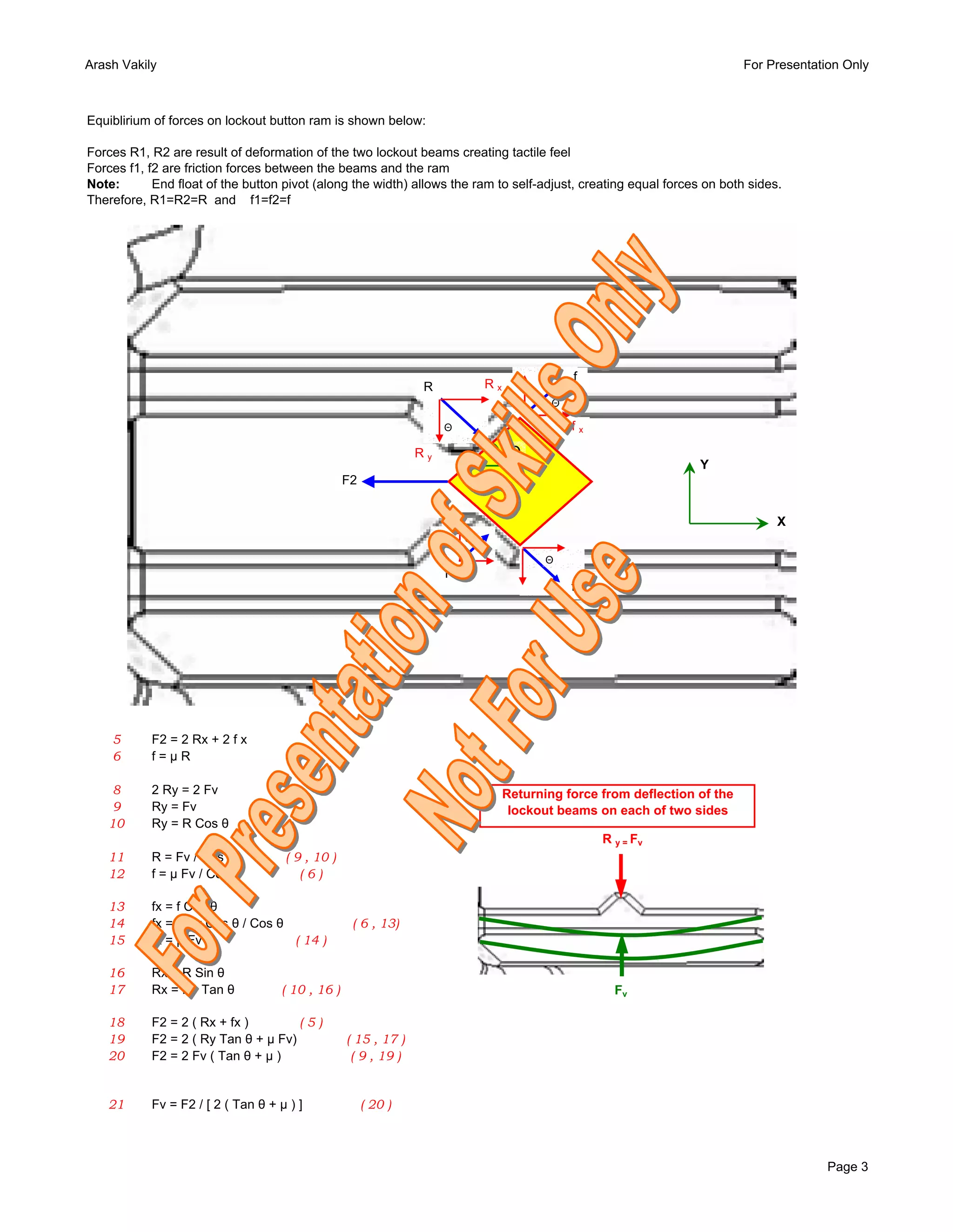 Arash Vakily                                                                                                              For Presentation Only



Equiblirium of forces on lockout button ram is shown below:

Forces R1, R2 are result of deformation of the two lockout beams creating tactile feel
Forces f1, f2 are friction forces between the beams and the ram
Note:       End float of the button pivot (along the width) allows the ram to self-adjust, creating equal forces on both sides.
Therefore, R1=R2=R and f1=f2=f




                                                                                             f
                                                                R           Rx
                                                                                         Θ

                                                                    Θ                        fx

                                                               Ry                 Θ
                                                                                                                 Y
                                                 F2


                                                                                                                               X
                                                                        Θ

                                                                                        Θ
                                                                    R
                                                                                             f




    5      F2 = 2 Rx + 2 f x
    6      f=µR

    8      2 Ry = 2 Fv                                                           Returning force from deflection of the
    9      Ry = Fv                                                                lockout beams on each of two sides
   10      Ry = R Cos θ
                                                                                                  R y = Fv
   11      R = Fv / Cos θ           ( 9 , 10 )
   12      f = µ Fv / Cos θ            (6)

   13      fx = f Cos θ
   14      fx = µ Fv Cos θ / Cos θ                ( 6 , 13)
   15      fx = µ Fv               ( 14 )

   16      Rx = R Sin θ
   17      Rx = Ry Tan θ           ( 10 , 16 )                                                      Fv

   18      F2 = 2 ( Rx + fx )        (5)
   19      F2 = 2 ( Ry Tan θ + µ Fv)             ( 15 , 17 )
   20      F2 = 2 Fv ( Tan θ + µ )                ( 9 , 19 )


   21      Fv = F2 / [ 2 ( Tan θ + µ ) ]              ( 20 )



                                                                                                                                        Page 3
 