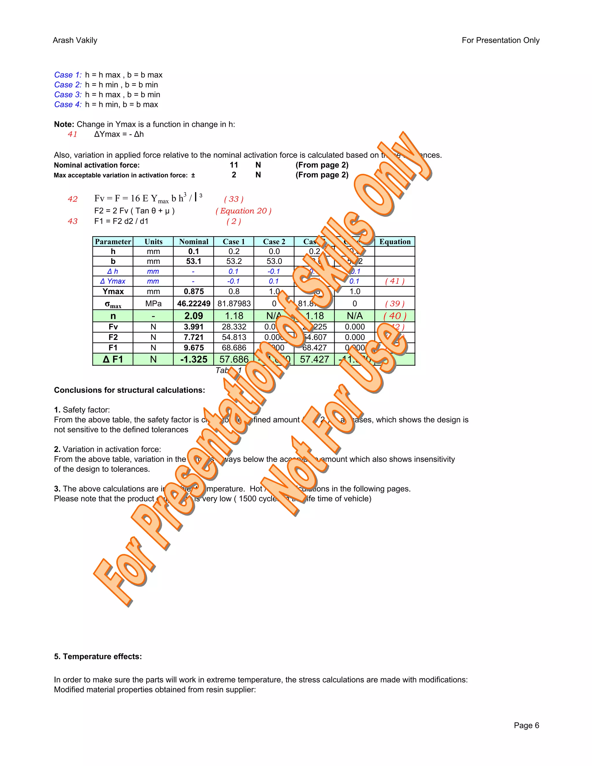 Arash Vakily                                                                                                          For Presentation Only



Case 1:   h = h max , b = b max
Case 2:   h = h min , b = b min
Case 3:   h = h max , b = b min
Case 4:   h = h min, b = b max

Note: Change in Ymax is a function in change in h:
   41     ∆Ymax = - ∆h

Also, variation in applied force relative to the nominal activation force is calculated based on these tolerances.
Nominal activation force:                           11       N           (From page 2)
Max acceptable variation in activation force: ±      2       N           (From page 2)


   42       Fv = F = 16 E Ymax b h3 / l 3          ( 33 )
            F2 = 2 Fv ( Tan θ + µ )             ( Equation 20 )
   43       F1 = F2 d2 / d1                         (2)

            Parameter       Units     Nominal     Case 1     Case 2      Case 3      Case 4    Equation
                h           mm          0.1        0.2        0.0         0.2         0.0
                b           mm         53.1        53.2       53.0        53.0        53.2
                 ∆h         mm           -         0.1        -0.1        0.1         -0.1
               ∆ Ymax       mm           -         -0.1       0.1         -0.1        0.1        ( 41 )
               Ymax         mm         0.875       0.8         1.0        0.8         1.0
                σmax        MPa       46.22249 81.87983           0    81.87983        0         ( 39 )
                 n            -        2.09       1.18        N/A        1.18         N/A       ( 40 )
                 Fv          N         3.991     28.332      0.000       28.225      0.000       ( 42 )
                 F2          N         7.721     54.813      0.000       54.607      0.000       ( 20 )
                 F1          N         9.675     68.686      0.000       68.427      0.000       ( 43 )
               ∆ F1          N        -1.325     57.686 -11.000 57.427 -11.000
                                                Table 1

Conclusions for structural calculations:

1. Safety factor:
From the above table, the safety factor is close to the defined amount ( n = 2 ) in all cases, which shows the design is
not sensitive to the defined tolerances

2. Variation in activation force:
From the above table, variation in the force is always below the acceptable amount which also shows insensitivity
of the design to tolerances.

3. The above calculations are in ambient temperature. Hot / Cold calculations in the following pages.
Please note that the product duty cycle is very low ( 1500 cycles in the life time of vehicle)




5. Temperature effects:

In order to make sure the parts will work in extreme temperature, the stress calculations are made with modifications:
Modified material properties obtained from resin supplier:



                                                                                                                                    Page 6
 