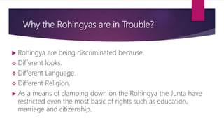 Why the Rohingyas are in Trouble?
 Rohingya are being discriminated because,
 Different looks.
 Different Language.
 Different Religion.
► As a means of clamping down on the Rohingya the Junta have
restricted even the most basic of rights such as education,
marriage and citizenship.
 