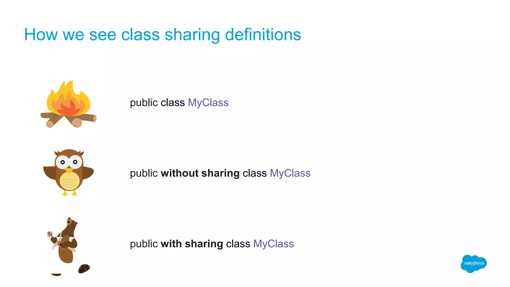 How we see class sharing definitions
public class MyClass
public without sharing class MyClass
public with sharing class MyClass
 