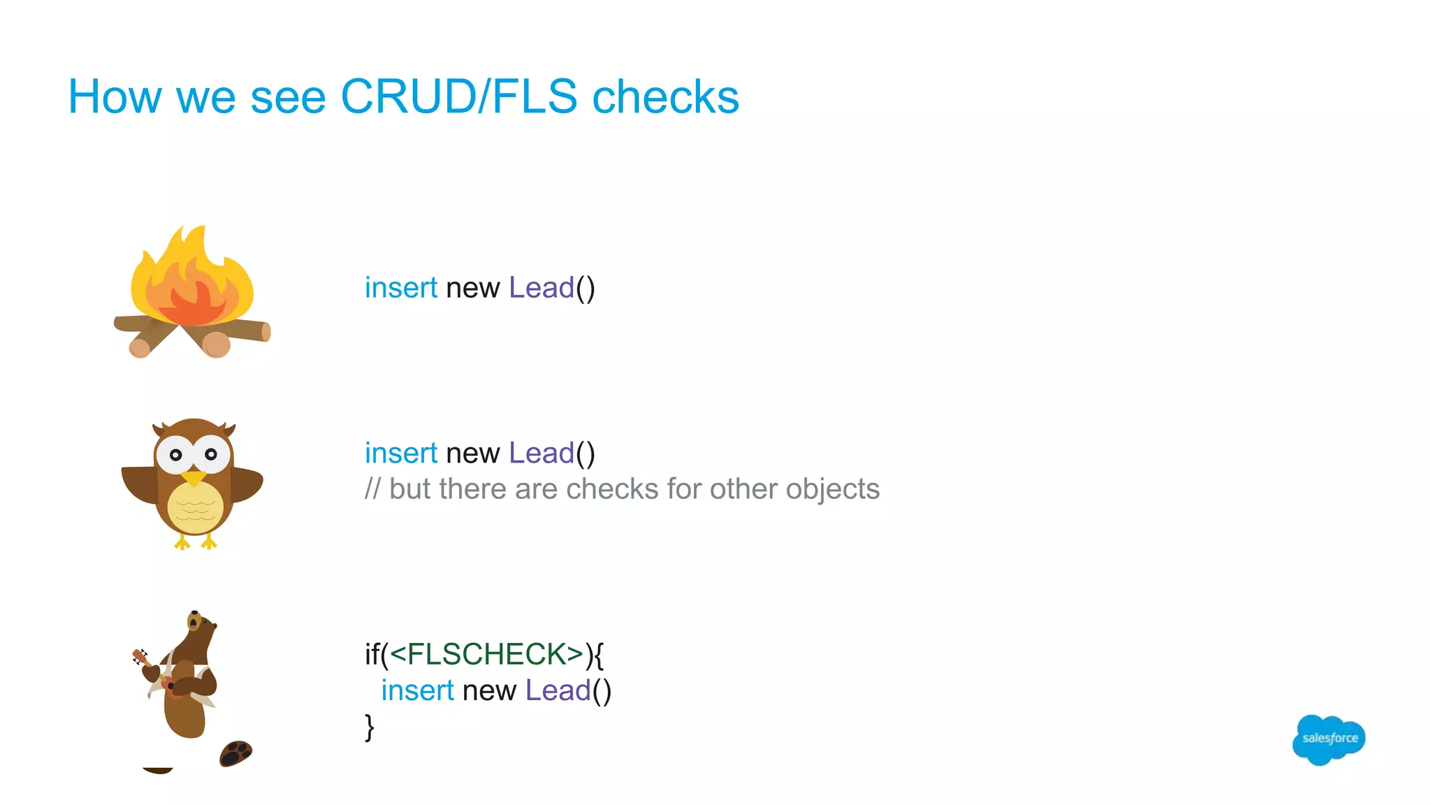 How we see CRUD/FLS checks
insert new Lead()
insert new Lead()
// but there are checks for other objects
if(<FLSCHECK>){
insert new Lead()
}
 