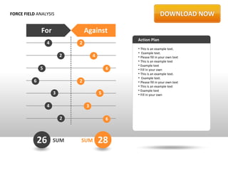 FORCE FIELD ANALYSIS


              For                 Against
                                                  Action Plan
                  4           2
                                                  • This is an example text.
                                                  • Example text.
                          2           4           • Please fill in your own text
                                                  • This is an example text
                                                  • Example text
              5                               6   • Fill in your own
                                                  • This is an example text.
                                                  • Example text.
          6                   2                   • Please fill in your own text
                                                  • This is an example text
                                                  • Example text
                      3                   5       • Fill in your own


                  4               3

                          2                   6



              26      SUM     SUM         28
 