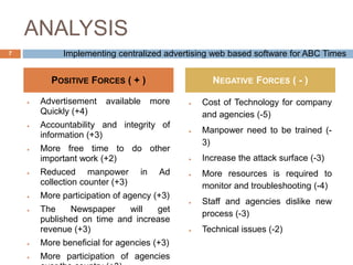 ANALYSIS
 Advertisement available more
Quickly (+4)
 Accountability and integrity of
information (+3)
 More free time to do other
important work (+2)
 Reduced manpower in Ad
collection counter (+3)
 More participation of agency (+3)
 The Newspaper will get
published on time and increase
revenue (+3)
 More beneficial for agencies (+3)
 More participation of agencies
 Cost of Technology for company
and agencies (-5)
 Manpower need to be trained (-
3)
 Increase the attack surface (-3)
 More resources is required to
monitor and troubleshooting (-4)
 Staff and agencies dislike new
process (-3)
 Technical issues (-2)
7
POSITIVE FORCES ( + ) NEGATIVE FORCES ( - )
Implementing centralized advertising web based software for ABC Times
 