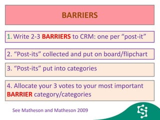 BARRIERS
2. “Post-its” collected and put on board/flipchart
1.Write 2-3 BARRIERS to CRM: one per “post-it”
3. “Post-its” put into categories
4. Allocate your 3 votes to your most important
BARRIER category/categories
See Matheson and Matheson 2009
 