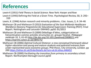 References
Lewin K (1951) Field Theory in Social Science. New York: Harper and Row
Lewin K (1943) Defining the Field at a Given Time. Psychological Review, 50, 3: 292–
310
Lewin, K. (1946) Action research and minority problems. J Soc. Issues, 2, 4: 34–46
Matheson CB and Matheson D (2013) Evaluation of the East Midlands Healthcare
Workforce Deanery Programme for Educational Supervisors Training [PEST]. Final
Report. Nottingham and Leicester EMHWD. pp50. 01/2013
Matheson CB and Matheson D (2009) Déballage d’idées, catégorisation et
hiérarchisation comme activités structurées en groupe focalisé. Pédagogie
médicale 10, 3, 61-63 http://dx.doi.org/10.1051/pedmed/2008021 and
https://eprints.soton.ac.uk/384175/
Matheson CB (2006) Optimal Cultural Distance: a new conceptual framework about
higher education and young and mature students and potential entrants from
under-represented socio-economic groups. PhD thesis. City University, London. pp
200 https://ethos.bl.uk/OrderDetails.do?uin=uk.bl.ethos.446452
Matheson CB (2000) Facilitating the transition from primary to secondary school.
Report. Northampton Borough Council.pp50
 