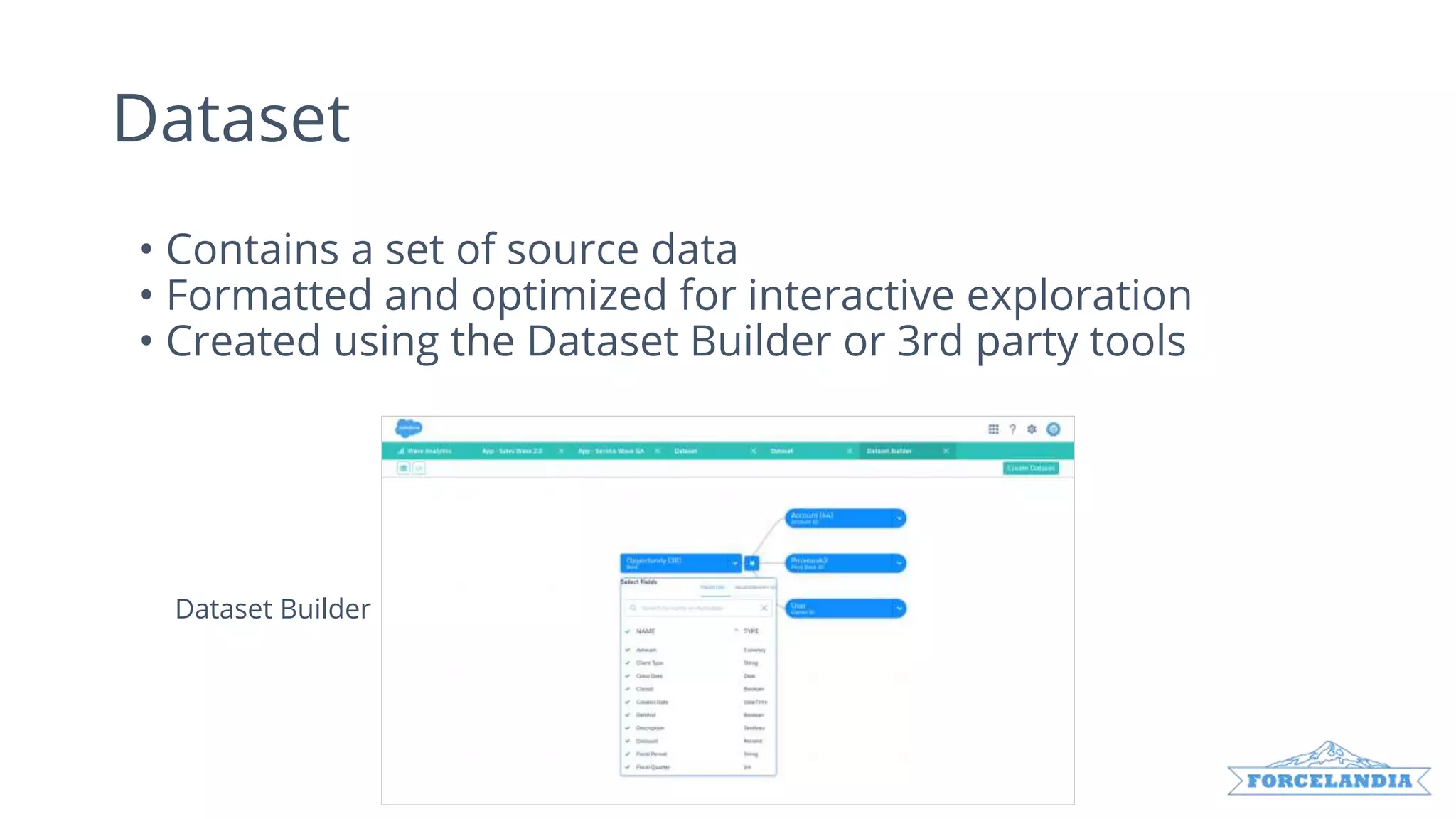 Dataset
• Contains a set of source data
• Formatted and optimized for interactive exploration
• Created using the Dataset Builder or 3rd party tools
Dataset Builder
 