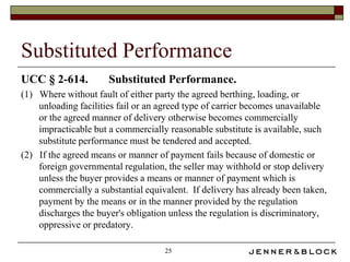 Substituted Performance
UCC § 2-614.          Substituted Performance.
(1) Where without fault of either party the agreed berthing, loading, or
    unloading facilities fail or an agreed type of carrier becomes unavailable
    or the agreed manner of delivery otherwise becomes commercially
    impracticable but a commercially reasonable substitute is available, such
    substitute performance must be tendered and accepted.
(2) If the agreed means or manner of payment fails because of domestic or
    foreign governmental regulation, the seller may withhold or stop delivery
    unless the buyer provides a means or manner of payment which is
    commercially a substantial equivalent. If delivery has already been taken,
    payment by the means or in the manner provided by the regulation
    discharges the buyer's obligation unless the regulation is discriminatory,
    oppressive or predatory.

                                    25
 