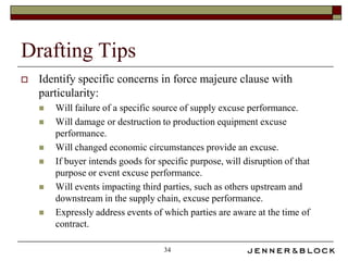 Drafting Tips
   Identify specific concerns in force majeure clause with
    particularity:
       Will failure of a specific source of supply excuse performance.
       Will damage or destruction to production equipment excuse
        performance.
       Will changed economic circumstances provide an excuse.
       If buyer intends goods for specific purpose, will disruption of that
        purpose or event excuse performance.
       Will events impacting third parties, such as others upstream and
        downstream in the supply chain, excuse performance.
       Expressly address events of which parties are aware at the time of
        contract.

                                     34
 
