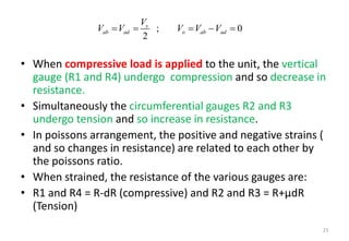 • When compressive load is applied to the unit, the vertical
gauge (R1 and R4) undergo compression and so decrease in
resistance.
• Simultaneously the circumferential gauges R2 and R3
undergo tension and so increase in resistance.
• In poissons arrangement, the positive and negative strains (
and so changes in resistance) are related to each other by
the poissons ratio.
• When strained, the resistance of the various gauges are:
• R1 and R4 = R-dR (compressive) and R2 and R3 = R+μdR
(Tension)
23
; 0
2
s
ab ad o ab ad
V
V V V V V
     
 