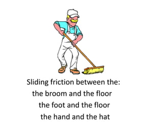 Sliding friction between the:
  the broom and the floor
    the foot and the floor
     the hand and the hat
 