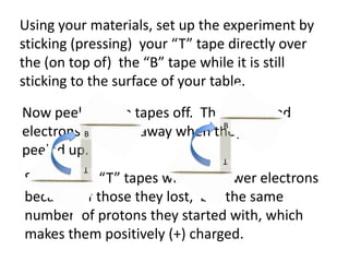 Using your materials, set up the experiment by
sticking (pressing) your “T” tape directly over
the (on top of) the “B” tape while it is still
sticking to the surface of your table.

Now peel the top tapes off. They both had
                               B
electrons stripped away when they were
          B

peeled up.                      T
          T
So now the “T” tapes will have fewer electrons
because of those they lost, but the same
number of protons they started with, which
makes them positively (+) charged.
 