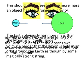 This should help us see that the more mass
 an object has the stronger its gravity.

    Moon                         Earth




 The Earth obviously has more mass than
But the Moon’s gravity is also pulling on
 the Moon and it pulls harder.
the Earth. So hard that the oceans swell
 So much harder that theever it passes. in an
toward the Moon where        Moon is held We
call this high tide. Earth as though by some
 orbit around the
 magically strong string.
 
