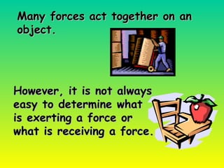 Many forces act together on anMany forces act together on an
object.object.
However, it is not alwaysHowever, it is not always
easy to determine whateasy to determine what
is exerting a force oris exerting a force or
what is receiving a force.what is receiving a force.
 
