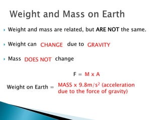  Weight and mass are related, but ARE NOT the same. 
 Weight can due to 
CHANGE GRAVITY 
 Mass change 
DOES NOT 
F = 
Weight on Earth = 
M x A 
MASS x 9.8m/s2 (acceleration 
due to the force of gravity) 
