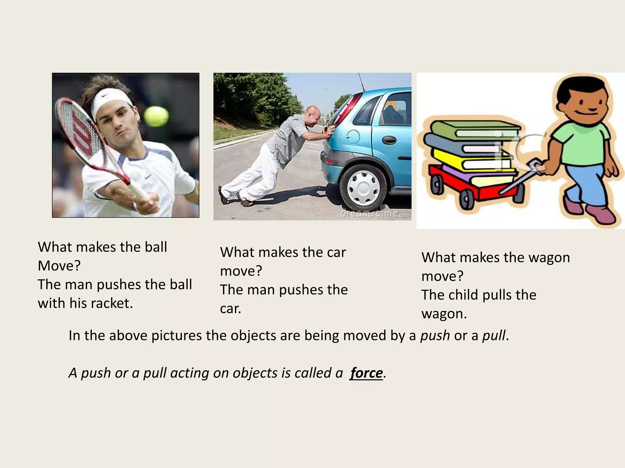 What makes the ball
Move?
The man pushes the ball
with his racket.
What makes the car
move?
The man pushes the
car.
What makes the wagon
move?
The child pulls the
wagon.
In the above pictures the objects are being moved by a push or a pull.
A push or a pull acting on objects is called a force.
 