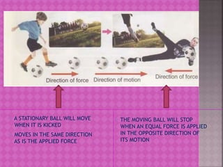  A STATIONARY BALL WILL MOVE
WHEN IT IS KICKED
 THE MOVING BALL WILL STOP
WHEN AN EQUAL FORCE IS APPLIED
IN THE OPPOSITE DIRECTION OF
ITS MOTION
 MOVES IN THE SAME DIRECTION
AS IS THE APPLIED FORCE
 