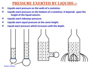 PRESSURE EXERTED BY LIQUIDS :-
 Liquids exert pressure on the walls of a container.
 Liquids exert pressure on the bottom of a container. It depends upon the
height of the liquid column.
 Liquids exert sideways pressure.
 Liquids exert equal pressure at the same height.
 Liquid exert pressure which increases with the depth.
Rubber balloon
 