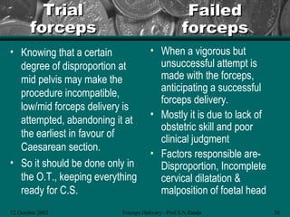 Trial                                     Failed
       forceps                                    forceps
• Knowing that a certain             • When a vigorous but
  degree of disproportion at           unsuccessful attempt is
  mid pelvis may make the              made with the forceps,
  procedure incompatible,              anticipating a successful
                                       forceps delivery.
  low/mid forceps delivery is
                                     • Mostly it is due to lack of
  attempted, abandoning it at
                                       obstetric skill and poor
  the earliest in favour of            clinical judgment
  Caesarean section.
                                     • Factors responsible are-
• So it should be done only in         Disproportion, Incomplete
  the O.T., keeping everything         cervical dilatation &
  ready for C.S.                       malposition of foetal head
12 October 2002           Forceps Delivery - Prof.S.N.Panda          30
 