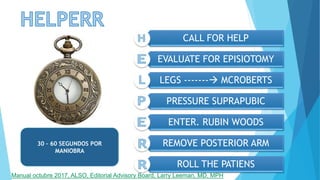 CALL FOR HELP
EVALUATE FOR EPISIOTOMY
LEGS ------- MCROBERTS
PRESSURE SUPRAPUBIC
ENTER. RUBIN WOODS
REMOVE POSTERIOR ARM
ROLL THE PATIENS
30 – 60 SEGUNDOS POR
MANIOBRA
Manual octubre 2017, ALSO, Editorial Advisory Board, Larry Leeman, MD, MPH
 