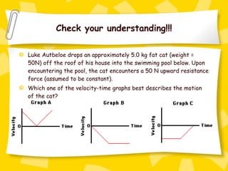 Check your understanding!!! Luke Autbeloe drops an approximately 5.0 kg fat cat (weight = 50N) off the roof of his house into the swimming pool below. Upon encountering the pool, the cat encounters a 50 N upward resistance force (assumed to be constant).  Which one of the velocity-time graphs best describes the motion of the cat? 