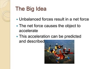 The Big Idea
   Unbalanced forces result in a net force
 The net force causes the object to
  accelerate
 This acceleration can be predicted
  and described
 