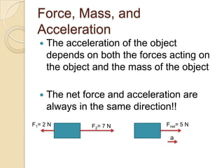 Force, Mass, and
 Acceleration
     The acceleration of the object
      depends on both the forces acting on
      the object and the mass of the object

     The net force and acceleration are
      always in the same direction!!
F1= 2 N         F2= 7 N          Fnet= 5 N

                                  a
 
