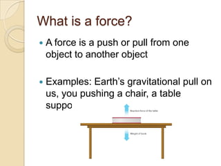 What is a force?
   A force is a push or pull from one
    object to another object

   Examples: Earth’s gravitational pull on
    us, you pushing a chair, a table
    supporting a book
 