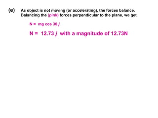 (e) As object is not moving (or accelerating), the forces balance.
Balancing the (pink) forces perpendicular to the plane, we get
N = mg cos 30 j
N = 12.73 j with a magnitude of 12.73N
 