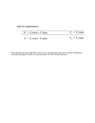 The velocities are also important, and can be calculated for later use in power calculations.
The Velocity diagram below can also be drawn to find cutting velocities.
 