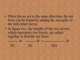 • When forces act in the same direction, the net
force can be found by adding the strengths of
the individual forces.
• In figure two, the lengths of the two arrows,
which represents two forces, are added
together to find the net force:
--------- --------- = ------------------
5N 5N 10N
 