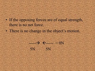 • If the opposing forces are of equal strength,
there is no net force.
• There is no change in the object’s motion.
----- ----- = 0N
5N 5N
 
