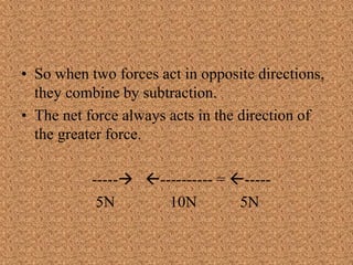 • So when two forces act in opposite directions,
they combine by subtraction.
• The net force always acts in the direction of
the greater force.
----- ---------- = -----
5N 10N 5N
 