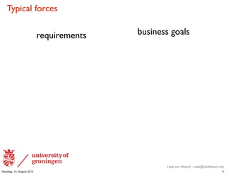 Typical forces

                            requirements   business goals




                                                  Uwe van Heesch - uwe@vanheesch.net
Dienstag, 14. August 2012                                                         11
 