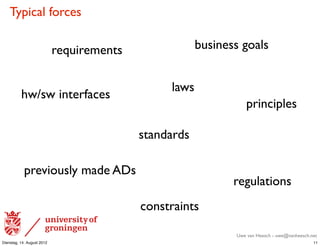 Typical forces

                            requirements               business goals


                                                laws
          hw/sw interfaces
                                                                  principles

                                           standards

            previously made ADs
                                                              regulations
                                           constraints

                                                              Uwe van Heesch - uwe@vanheesch.net
Dienstag, 14. August 2012                                                                     11
 